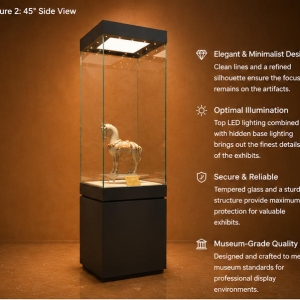 Square Base Terracotta Vitrine | Block Base Heritage Tower Single Sculpture Museum Plinth – Sunzen Display 4 Feature close-up of four-sided UV tempered glass, top integrated LED light panel, linen archival mat elevated antique artifact booth inside block base heritage tower