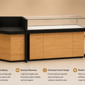 Combined Jewelry Corner Showcase | Wood Grain L-Type Retail Jewelry Cabinet - SUNZEN 3 Combined Counter Jewelry Corner Showcase L-Type Wood Retail Cabinet Render