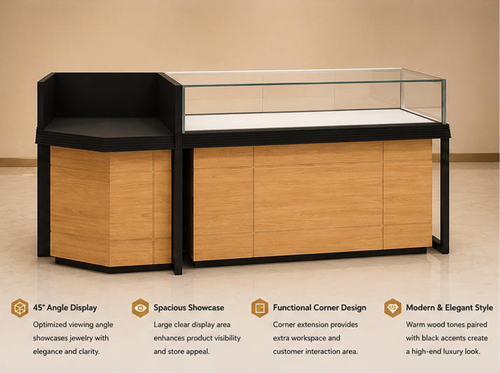 Combined Counter Jewelry Corner Showcase L-Type Wood Retail Cabinet Render