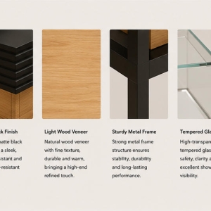 Combined Jewelry Corner Showcase | Wood Grain L-Type Retail Jewelry Cabinet - SUNZEN 5 Wood Grain Panel & Black Frame Glass Counter Close-up