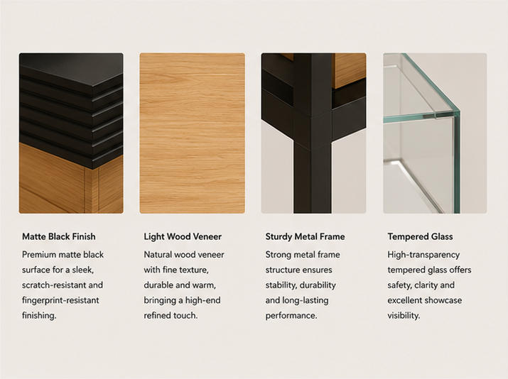 Wood Grain Panel & Black Frame Glass Counter Close-up