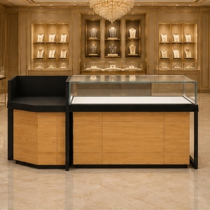 Combined Jewelry Corner Showcase | Wood Grain L-Type Retail Jewelry Cabinet - SUNZEN 6 Combined L Jewelry Corner Showcase Mall Boutique Wall Installation Shot