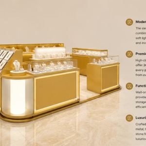 Combined Curved Gold Jewelry Kiosk | Multi Unit Open Display Mall Jewelry Booth - SUNZEN 3 Combined Curved Gold Jewelry Kiosk Multi Unit Open Display Mall Jewelry Booth Render