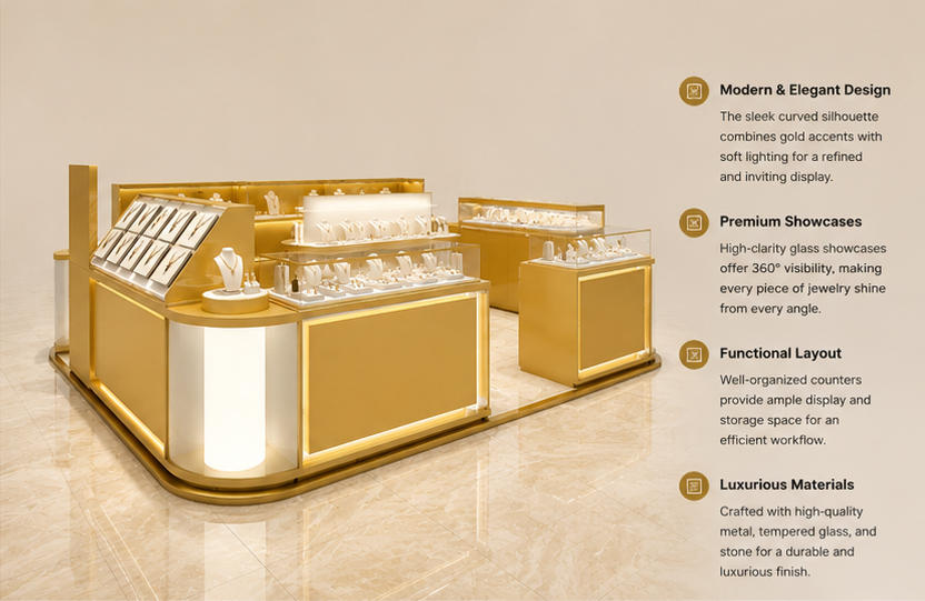Combined Curved Gold Jewelry Kiosk Multi Unit Open Display Mall Jewelry Booth Render