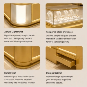 Combined Curved Gold Jewelry Kiosk | Multi Unit Open Display Mall Jewelry Booth - SUNZEN 5 Matte Gold Metal Frame Open Layered Glass Shelf Curved Cabinet Base Close-up