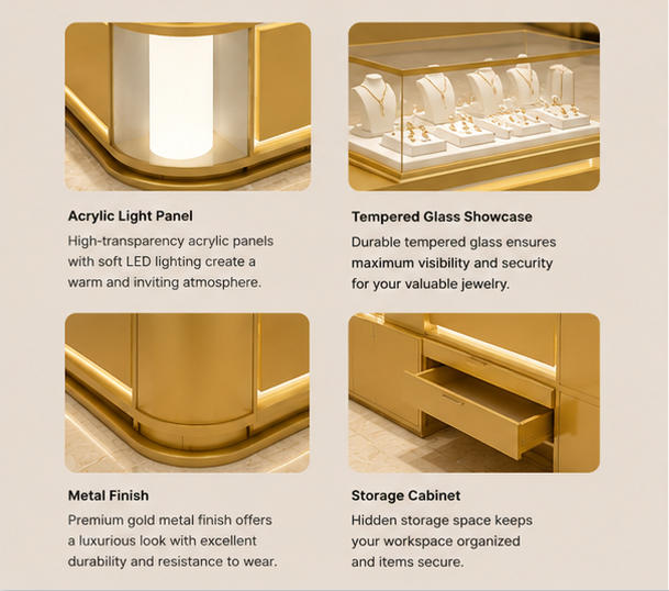 Matte Gold Metal Frame Open Layered Glass Shelf Curved Cabinet Base Close-up