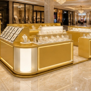 Combined Curved Gold Jewelry Kiosk | Multi Unit Open Display Mall Jewelry Booth - SUNZEN 6 Combined Curved Multi Unit Gold Jewelry Kiosk Mall Central Passage Installation Shot