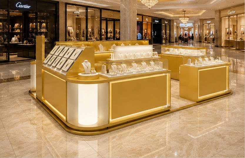 Combined Curved Multi Unit Gold Jewelry Kiosk Mall Central Passage Installation Shot