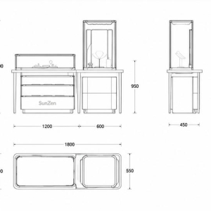 CAD layout combined jewelry display set two-tier pull out drawer tower counter top vitrine slim gold frame table mixed gem retail suite dimension drawing