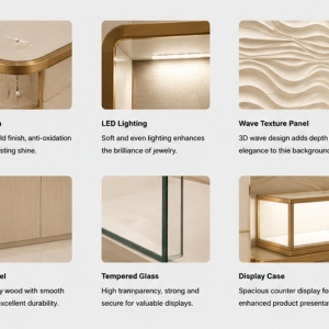 Wave Texture Niche Wall | Multi Tier Glass Cubby Backlit Brand Header Panel Lower Cream Drawer Bank Rounded Gold Arch Display Unit 5 Material close-up seamless matte cream segmented drawer bank base, full continuous polished gold rounded arch border, embossed 3D wave texture decorative inner board, low iron anti-reflection glass for multi tier glass cubby backlit brand header panel