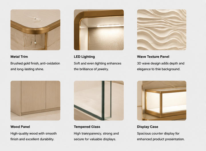 Material close-up seamless matte cream segmented drawer bank base, full continuous polished gold rounded arch border, embossed 3D wave texture decorative inner board, low iron anti-reflection glass for multi tier glass cubby backlit brand header panel