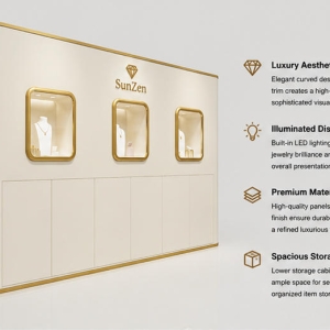 Cream Curved Jewelry Back Wall | Triple Gold Square Niche Brand Display Unit – Sunzen 4 45 Degree Full Render of Gold Niche Brand Back Wall
