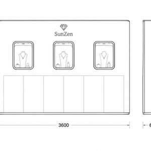 Cream Curved Jewelry Back Wall | Triple Gold Square Niche Brand Display Unit – Sunzen 3 Cream Curved Brand Jewelry Wall CAD Drawing
