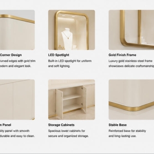 Cream Curved Jewelry Back Wall | Triple Gold Square Niche Brand Display Unit – Sunzen 5 Material & Craft Close-up of Gold Niche Jewelry Back Wall
