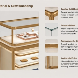 Material close-up seamless matte cream cabinet body, thin anti-oxidation slim gold alloy frame, low iron tempered glass for mixed gem retail suite two-tier pull out drawer