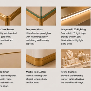 Gold Jewelry Glass Counter | Luxury Retail Display Kiosk - Sunzen 4 Close-up matte cream leather wrapped cabinet body thin brushed gold metal frame transparent tempered glass jewelry tray compartment