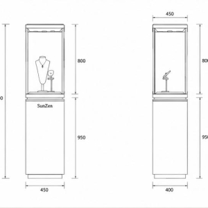 CAD layout cream square pedestal gold frame tower vitrine top spot jewelry booth necklace bust interior branded gem display stand dimension drawing
