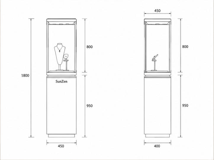 CAD layout cream square pedestal gold frame tower vitrine top spot jewelry booth necklace bust interior branded gem display stand dimension drawing