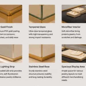 Dual Jewel Counter | Gold Trim Glass Case - Sunzen 4 Close-up mirror gold trim glass case edge matte cream base cabinet soft black velvet liner jewelry tray placement surface