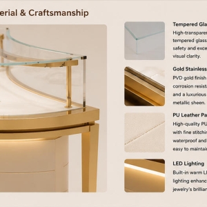 Material close-up seamless multi-layer rounded cream cabinet, anti-oxidation curved gold alloy frame, low iron curved tempered glass for gold curved frame case center gem display island