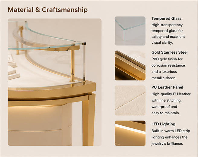 Material close-up seamless multi-layer rounded cream cabinet, anti-oxidation curved gold alloy frame, low iron curved tempered glass for gold curved frame case center gem display island