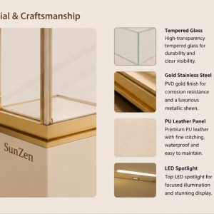 Material close-up seamless cream matte square pedestal, anti-oxidation polished gold trim, low iron clear vertical glass for branded gem display stand top spot jewelry booth