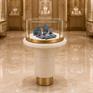 Jewelry Round Pedestal Display Stand | Gold Frame Circular Glass Tiered Base Showcase - SUNZEN 6 Real Installation Shot Of Tiered Cylindrical Base Jewelry Round Pedestal Display Stand In Cream Light Luxury Fine Jewelry Boutique Window Mall Mini Kiosk Independent Focal Zone