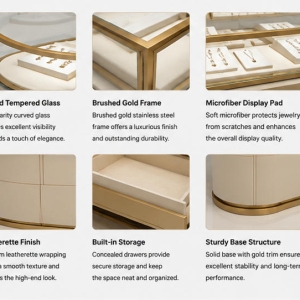 Jewelry Oval Island Counter | Cream Dual Section Gold Glass Display Table – Sunzen 5 Material & Craft Close-up of Cream Dual Section Oval Glass Jewelry Island Counter