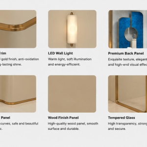 Material close-up seamless segmented matte cream modular panels, full thin polished gold perimeter trim, soft touch blue velvet interior lining, low iron anti-reflection recess glass for blue velvet inner backdrop wall sconce accent booth