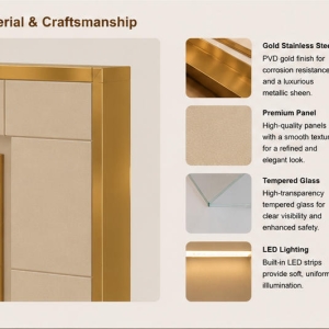 Triple Recess Wall Vitrine | Gold Trim Panel Wall Stepped Interior Shelf Wall Mounted Jewelry Booth Multi-Frame Gem Display Wall 5 Material close-up seamless spliced cream matte wall panel, full perimeter polished gold decorative trim, low iron anti-reflection recess glass for wall mounted jewelry booth multi-frame gem display wall