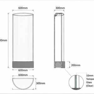 Curved Wall Mount Museum Display Case | Slim Arc Glass Museum Wall Vitrine - SUNZEN 4 Arc Glass Wall Museum Showcase Hidden Mounting Mechanical CAD Drawing