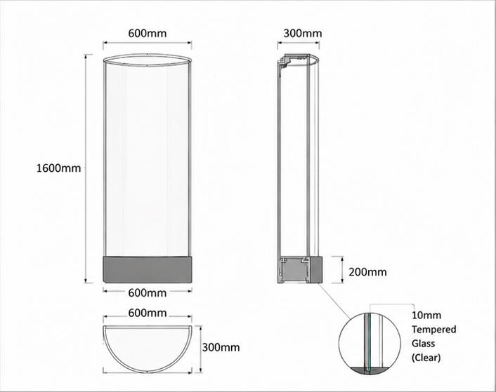Arc Glass Wall Museum Showcase Hidden Mounting Mechanical CAD Drawing