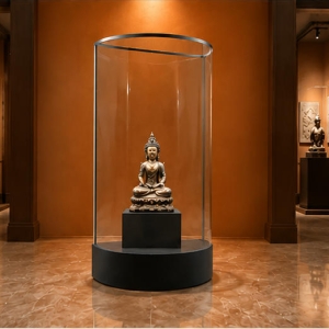 Curved Wall Mount Museum Display Case | Slim Arc Glass Museum Wall Vitrine - SUNZEN 6 On-site Wall Installation Shot Of Curved Arc Wall Mount Museum Display Case In Modern Heritage Gallery