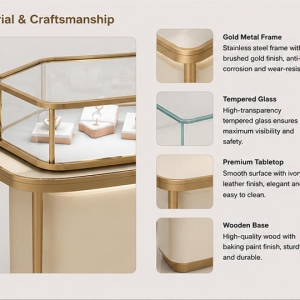 Material close-up seamless curved matte cream storage cabinet, thin anti-oxidation slim gold legs, low iron rounded glass for cream curved cabinet combined client display station