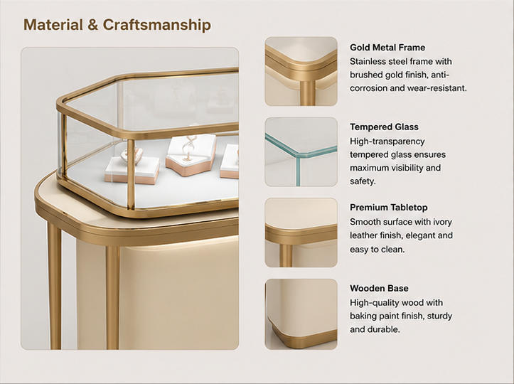 Material close-up seamless curved matte cream storage cabinet, thin anti-oxidation slim gold legs, low iron rounded glass for cream curved cabinet combined client display station