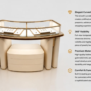 Jewelry Curved Island Counter | Cream Gold Frame Glass Display Table – Sunzen 4 45 Degree Full Render of Cream Gold Frame Curved Jewelry Island Table