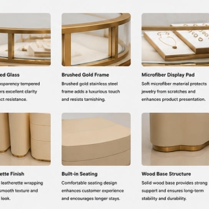 Jewelry Curved Island Counter | Cream Gold Frame Glass Display Table – Sunzen 5 Material & Craft Close-up of Cream Gold Frame Curved Jewelry Island Counter