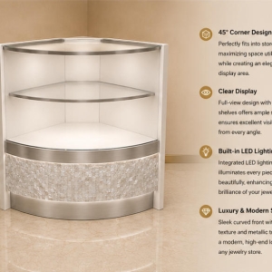 Curved Jewelry Corner Showcase | White LED Light Wall Corner Jewelry Cabinet - SUNZEN 3 Curved Double Tier Jewelry Corner Showcase Light Strip White Wall Cabinet Render