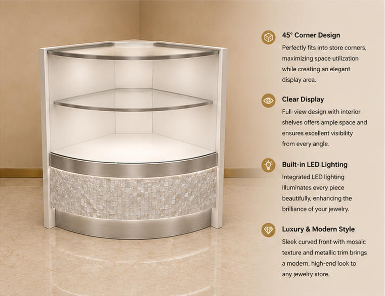 Curved Double Tier Jewelry Corner Showcase Light Strip White Wall Cabinet Render