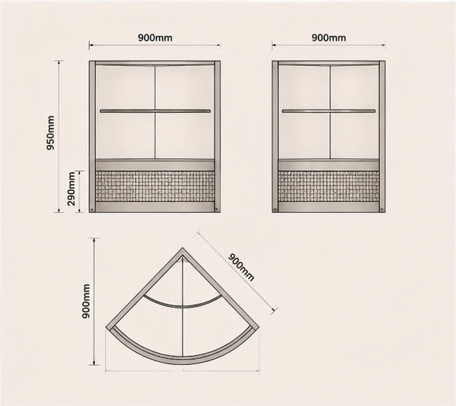 Arc Wall Corner Outline & Double Curved Glass Shelf Mechanical CAD Drawing