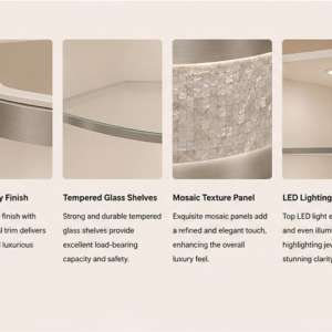 Curved Jewelry Corner Showcase | White LED Light Wall Corner Jewelry Cabinet - SUNZEN 5 LED Light Strip & Curved Glass Shelf Mosaic Stone Base Close-up