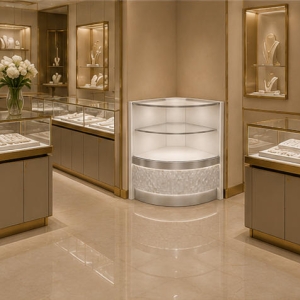 Curved Jewelry Corner Showcase | White LED Light Wall Corner Jewelry Cabinet - SUNZEN 6 Curved Double Tier White LED Jewelry Corner Showcase Light Luxury Boutique Wall Installation Shot