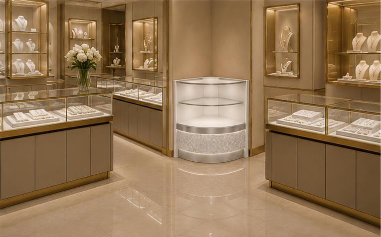 Curved Double Tier White LED Jewelry Corner Showcase Light Luxury Boutique Wall Installation Shot