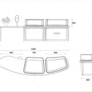 CAD layout curved consultation counter dual tabletop vitrine slim gold leg booth cream curved cabinet combined client display station dimension drawing