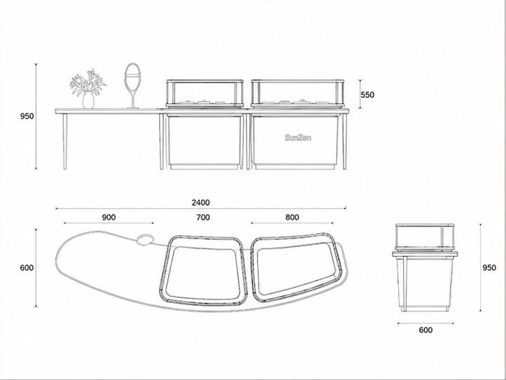 CAD layout curved consultation counter dual tabletop vitrine slim gold leg booth cream curved cabinet combined client display station dimension drawing