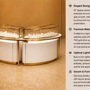 Curved Modular Jewelry Island | Gold Trim Glass Counter Central Jewelry Kiosk – Sunzen Display 5 Feature close-up of curved glass showcase tempered glass top, gold trim frame, curved under-cabinet storage of three-unit display island