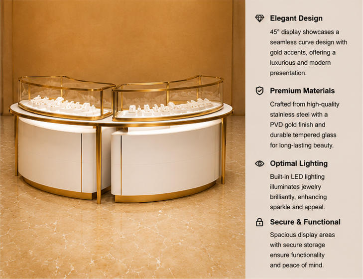 Feature close-up of curved glass showcase tempered glass top, gold trim frame, curved under-cabinet storage of three-unit display island