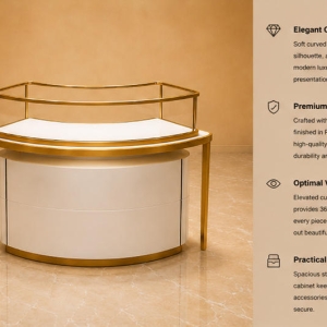 Curved Jewel Island | Semicircle Kiosk Unit Wave Metal Frame - Sunzen 5 45° render curved jewel island wave metal frame raised tier plinth rounded drawer base semicircle kiosk unit functional labels