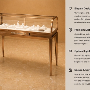 Curved Top Jewelry Counter | Rose Gold Glass Cabinet Horizontal Jewel Booth – Sunzen Display 5 Feature close-up of curved top tempered glass, front brand logo panel and slim rose gold leg display stand