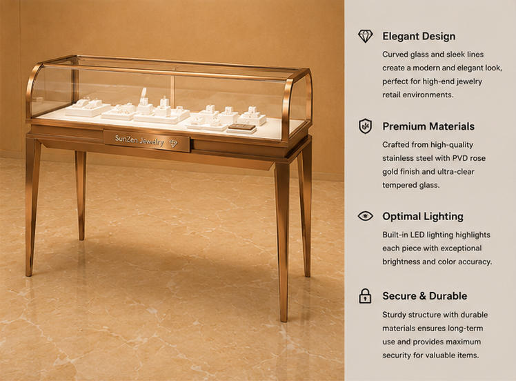 Feature close-up of curved top tempered glass, front brand logo panel and slim rose gold leg display stand